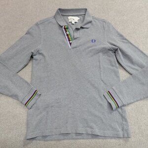 Fred Perry Polo Shirt Small Grey Solid Cotton Long Sleeve Bradley Wiggins